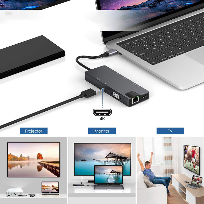 Type-C 8-in-1 100Mbps Network Card Hub Splitter RJ45 HDMI VGA USB Ports SD Card Reader Docking Station Type-C 8-in-1 100Mbps Network Card Hub Splitter RJ45 HDMI VGA USB Ports SD Card Reader Docking Station
